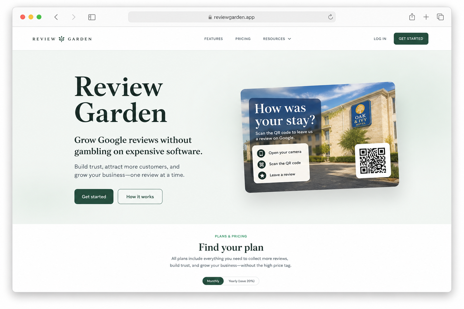 Review Garden homepage preview in a browser window