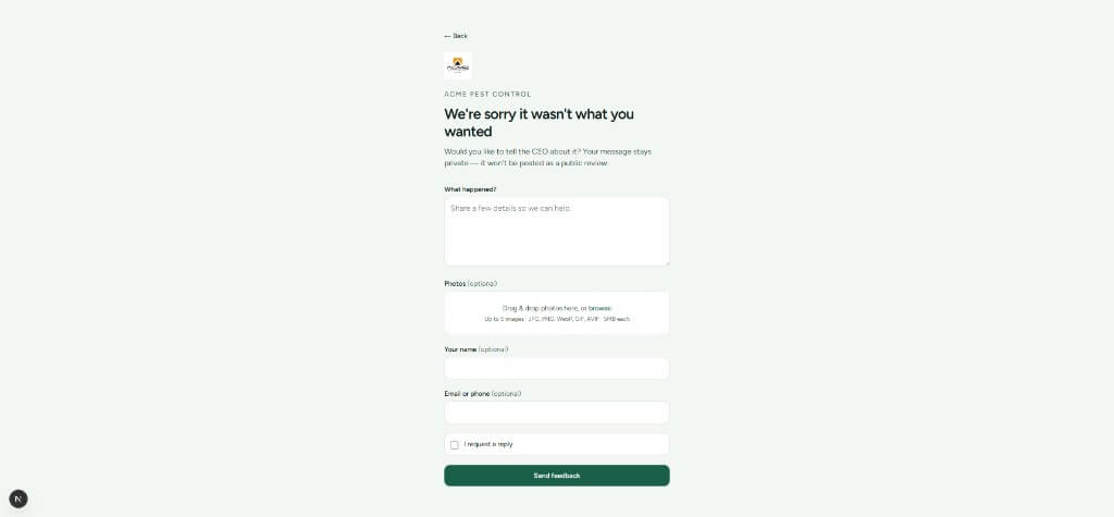 Private feedback form for unhappy customers
